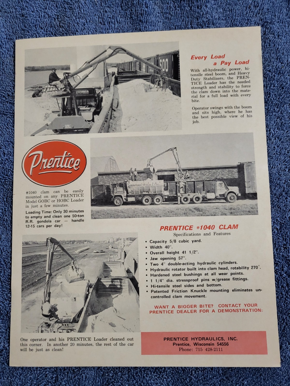 Vintage Prentice Hydraulics Inc CLAM Bucket Crane Lift Loader BROCHURE Wisconsin