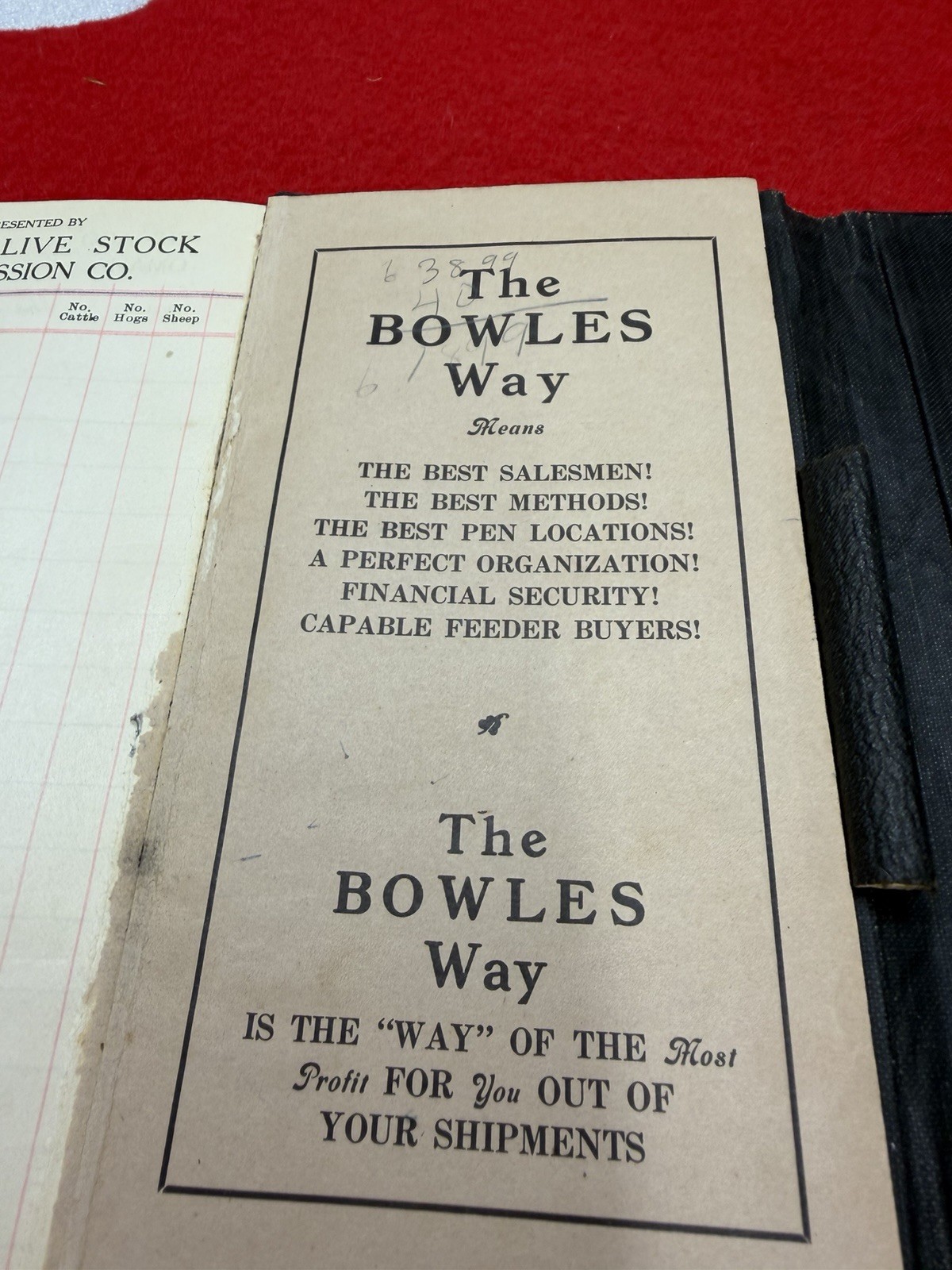 Vintage 1913 Bowles Livestock Commission Company Pocket Note Pad Leather