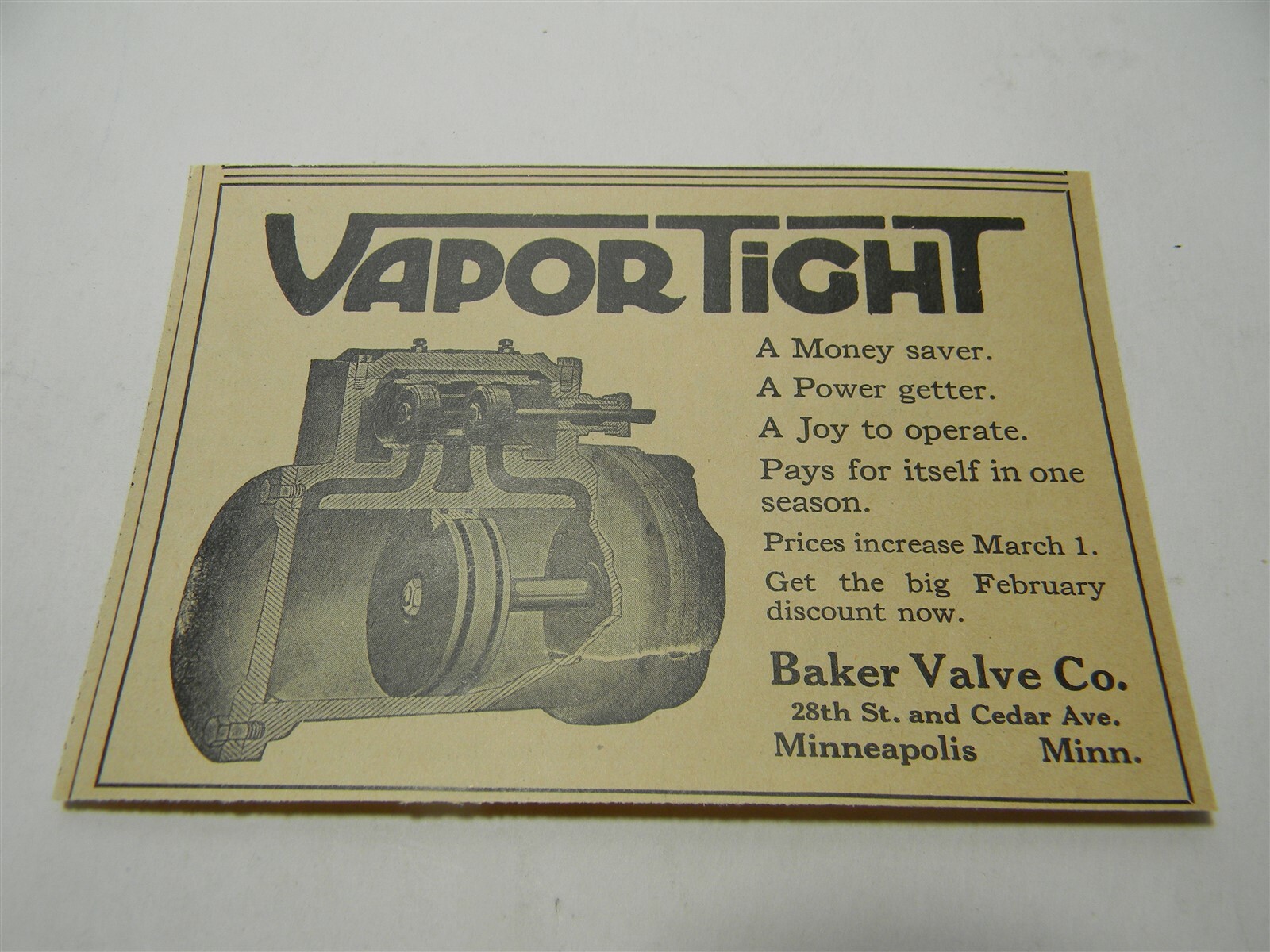 Vintage 1920s Vapor Tight Baker Valve Co. Minneapolis Man Cave Farming Ad – 1C5