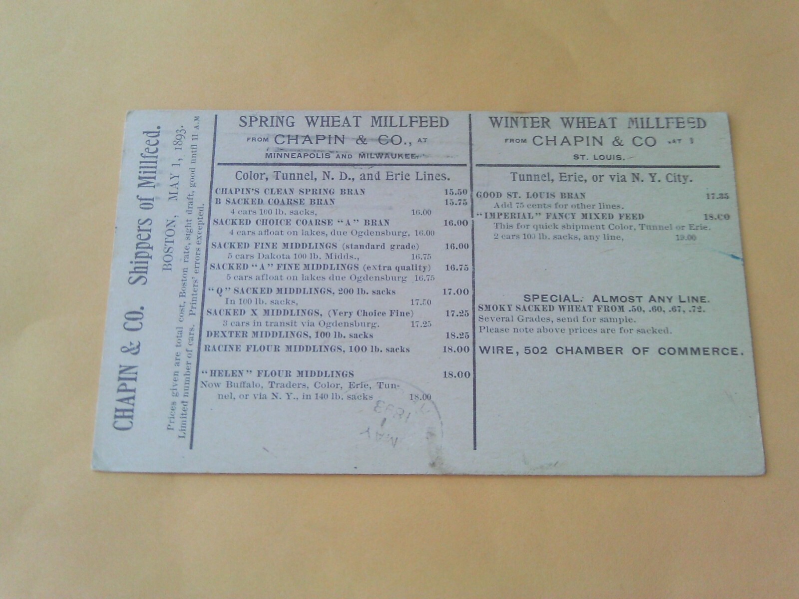 RARE 1893 POSTCARD CHAPIN WHEAT MILL FEED BOSTON MINNEAPOLIS ST LOUIS MILWAUKEE