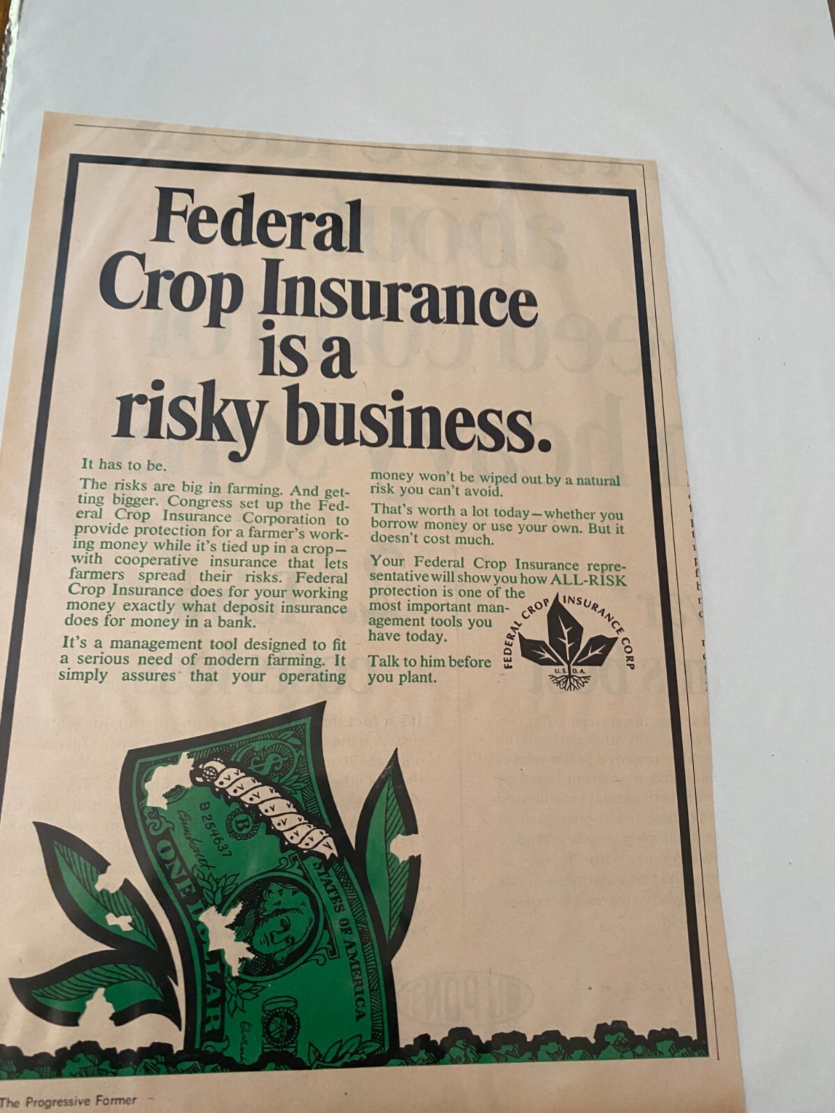 Vintage 1968 Federal Crop Insurance Corporation ad