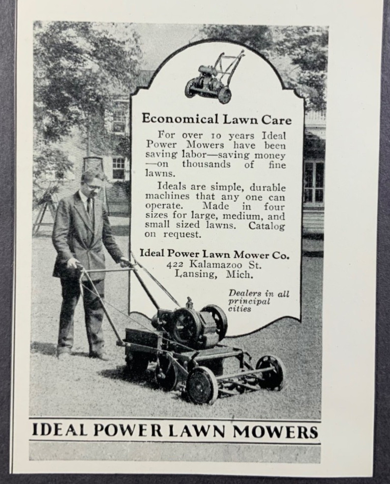 Vintage 1927 Ad. Ideal Power Lawn Mowers. Lansing, Michigan.