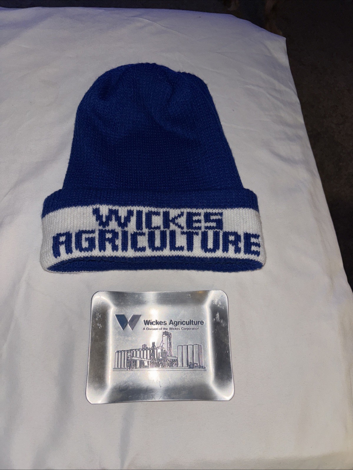 Vtg WICKES AGRICULTURE Advertising Blue/White Knit Stocking Cap & 5×4” Ash Tray
