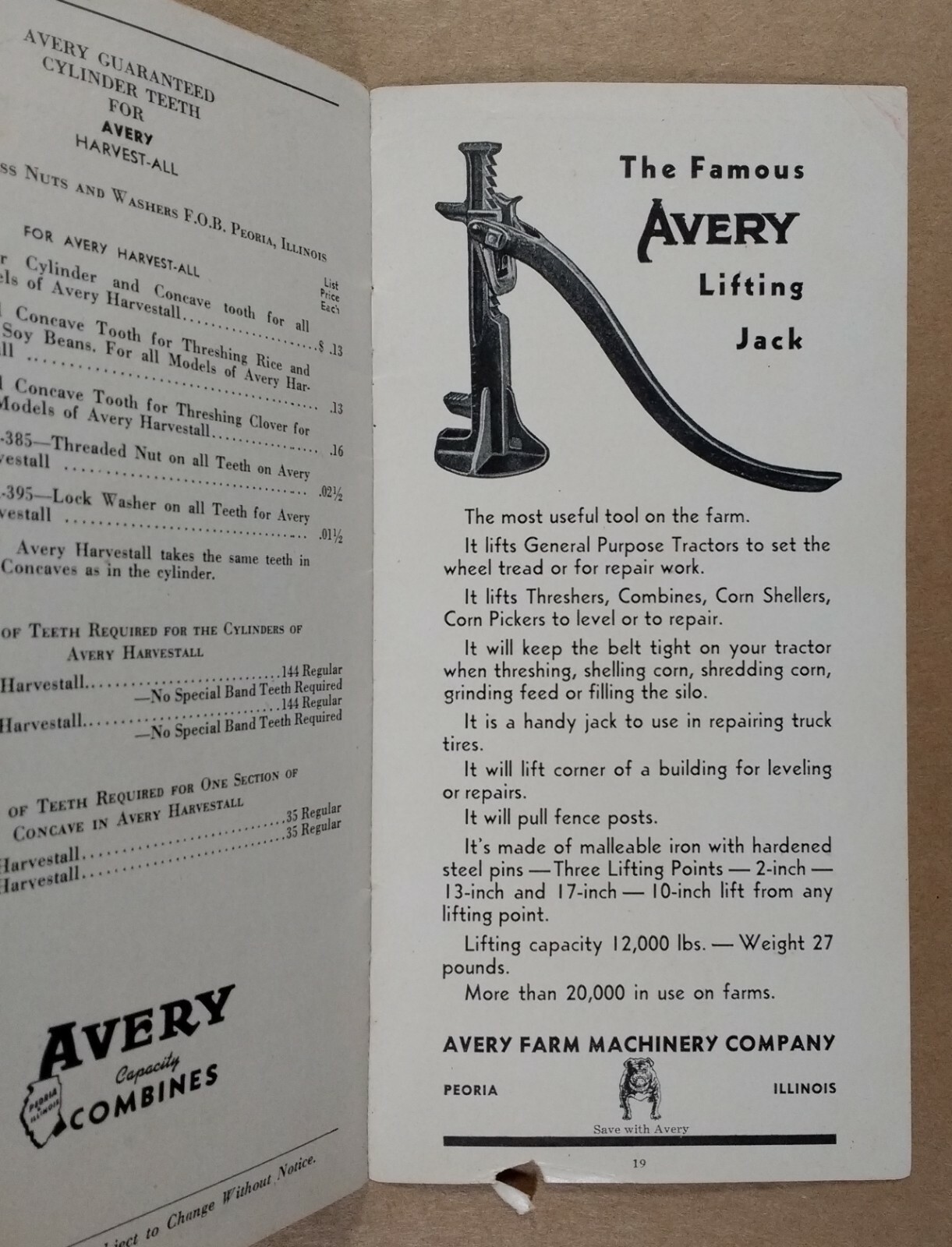 vintage 1938 AVERY Farm Machinery Guaranteed Cylinder Teeth Price List Booklet
