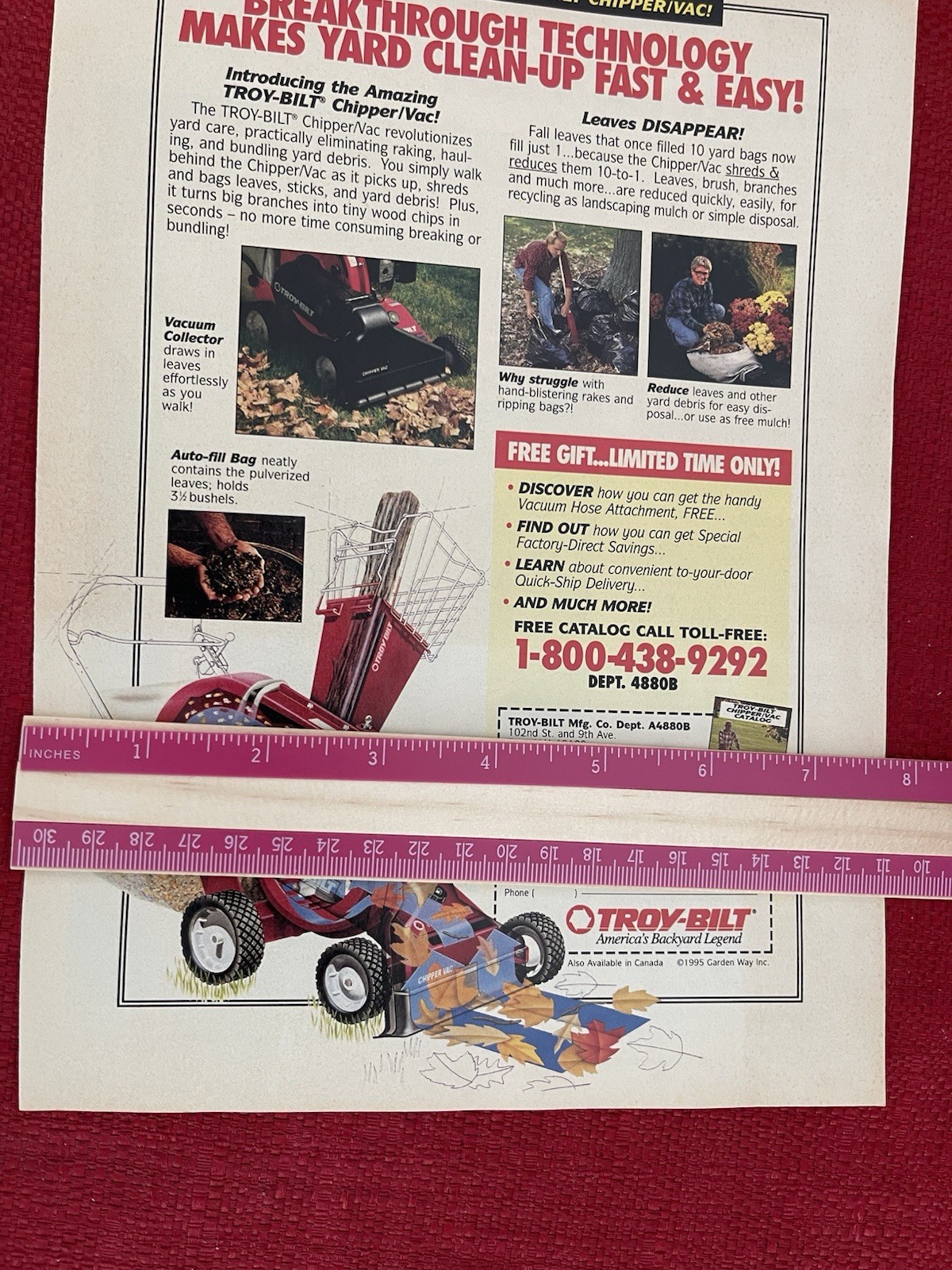 Vintage 1995 Troy Built Chipper Vac Print Ad Yard Debri Tree Branches Leaves Ad
