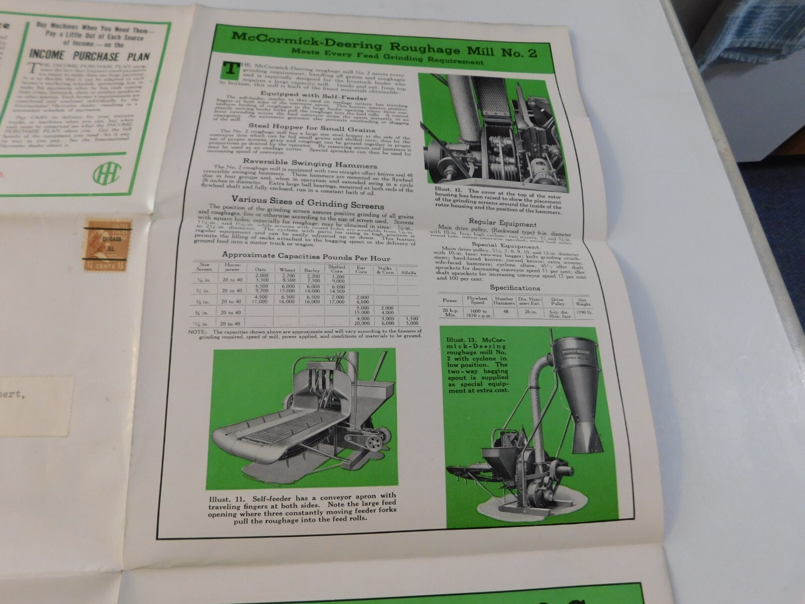 1926 McCORMICK DEERING ROUGHAGE & HAMMER MILLS SALES BROCHURE FOLDOUT NO TEARS