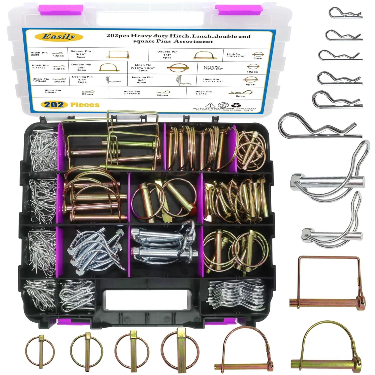 202PCS Hitch Pins Clip Pins, Linch and PTO Pins for Trailers Tractors Trucks Tow