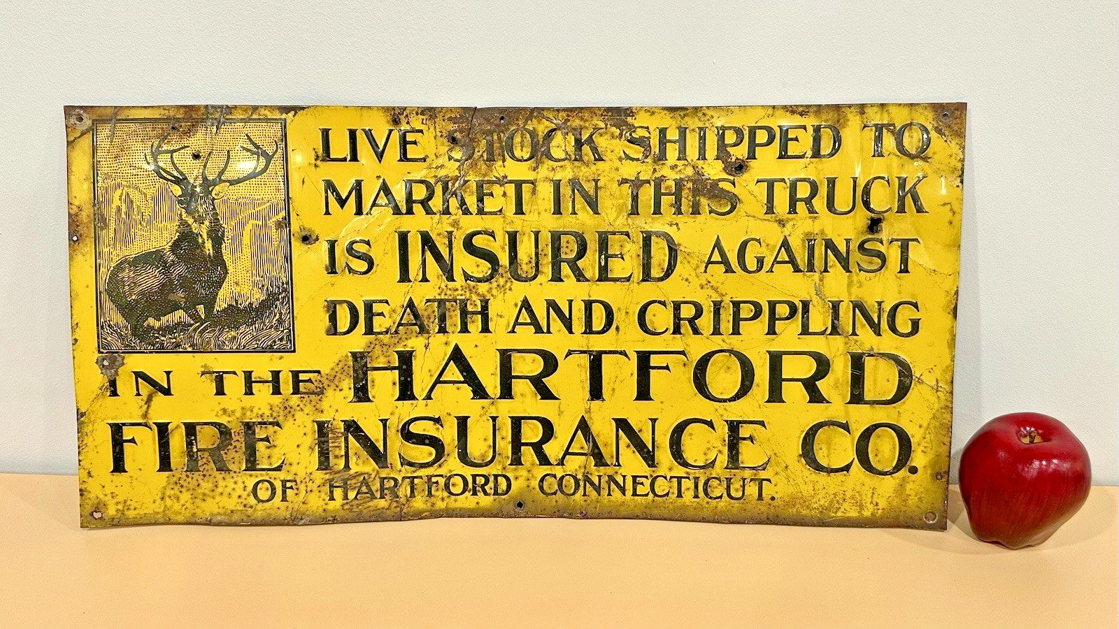 Vintage Hartford Fire Insurance Live Stock Market Metal Sign 23 1/2&Prime; X 11 1/4&Prime;