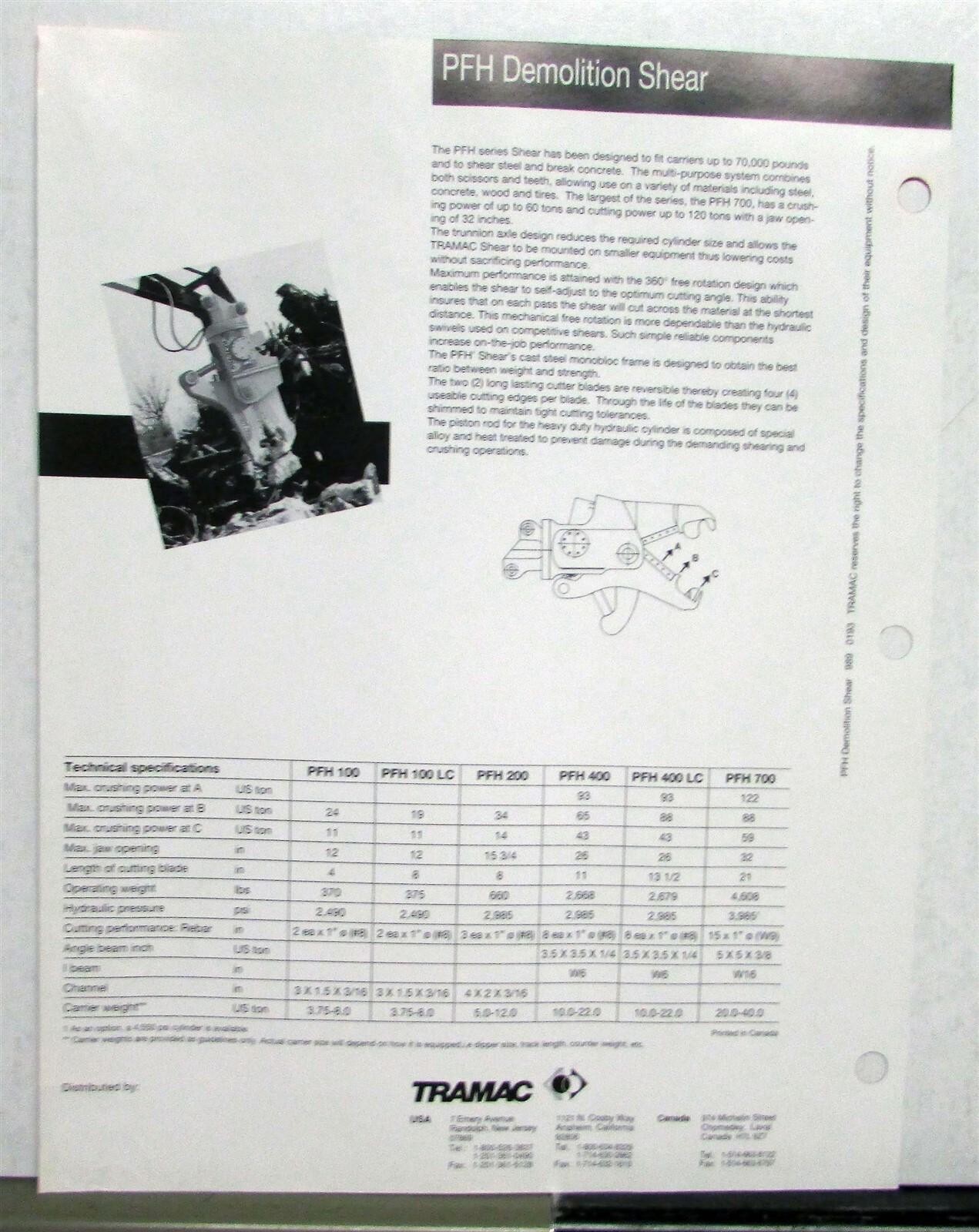 1990s Tramac PFH Demolition Shears Construction Sales Data Sheet
