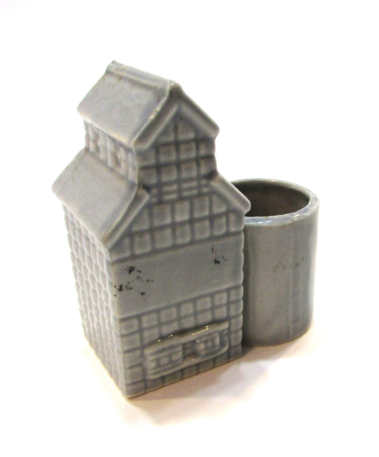 Vintage Grain Elevator Building Warco Japan Gray Ceramic 3&Prime; Toothpick Holder