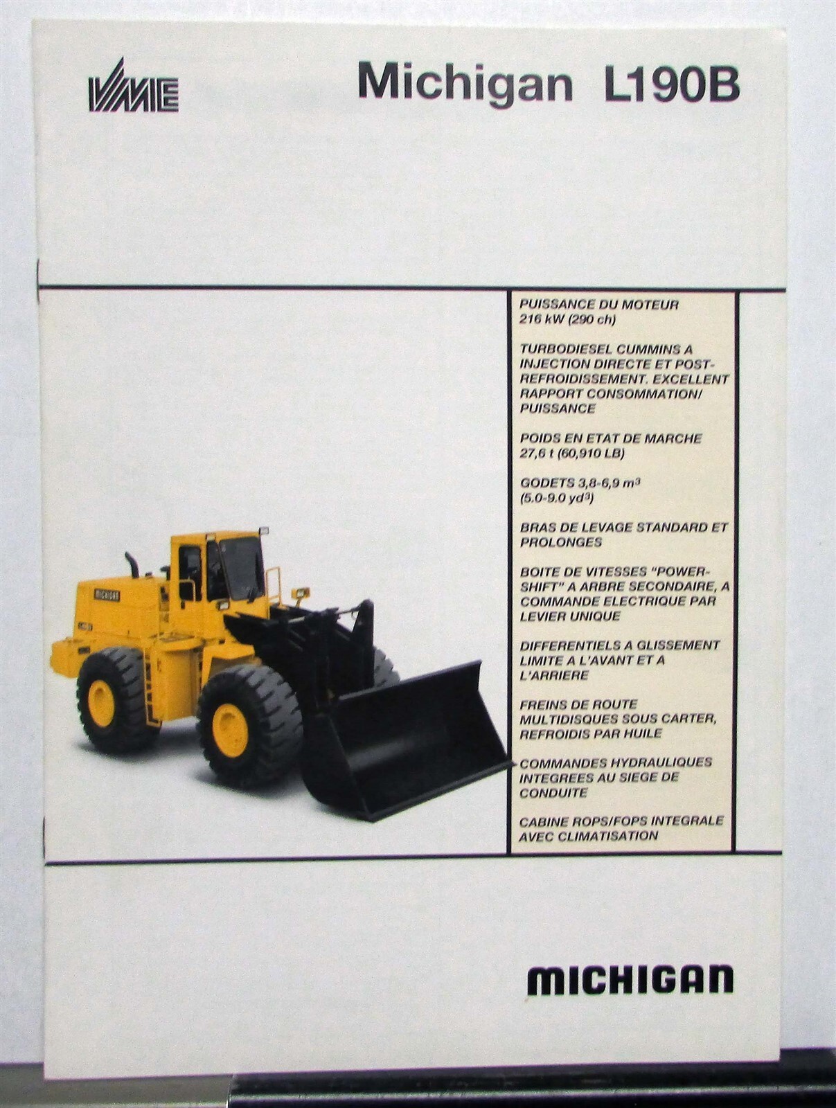1991 Michigan L190B Loader Specification Construction Sale Brochure FRENCH TEXT