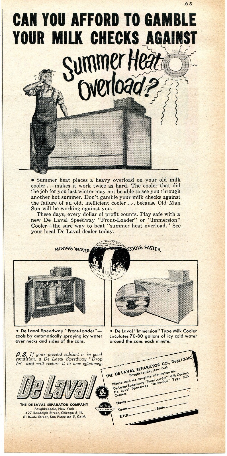 1952 Print Ad of De Laval Separator Co Front Loader & Immersion Milk Cooler