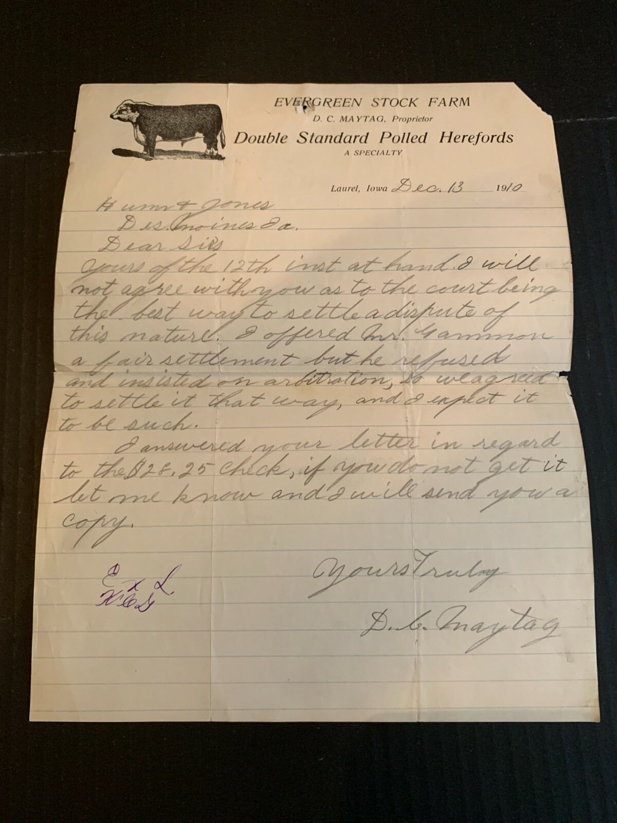 December 13 1910 Evergreen Stock Farms Polled Herefords Letterhead Laurel Iowa