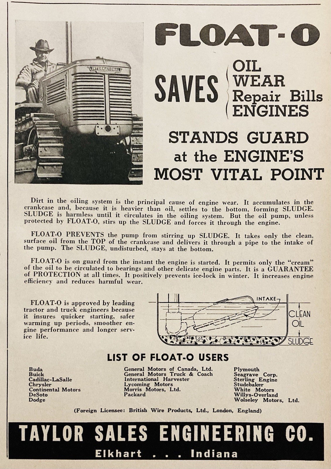 1944 AD.(PC5)~TAYLOR SALES ENGINEERING CO. ELKHART, IND. FLOAT-O SLUDGE SYSTEM