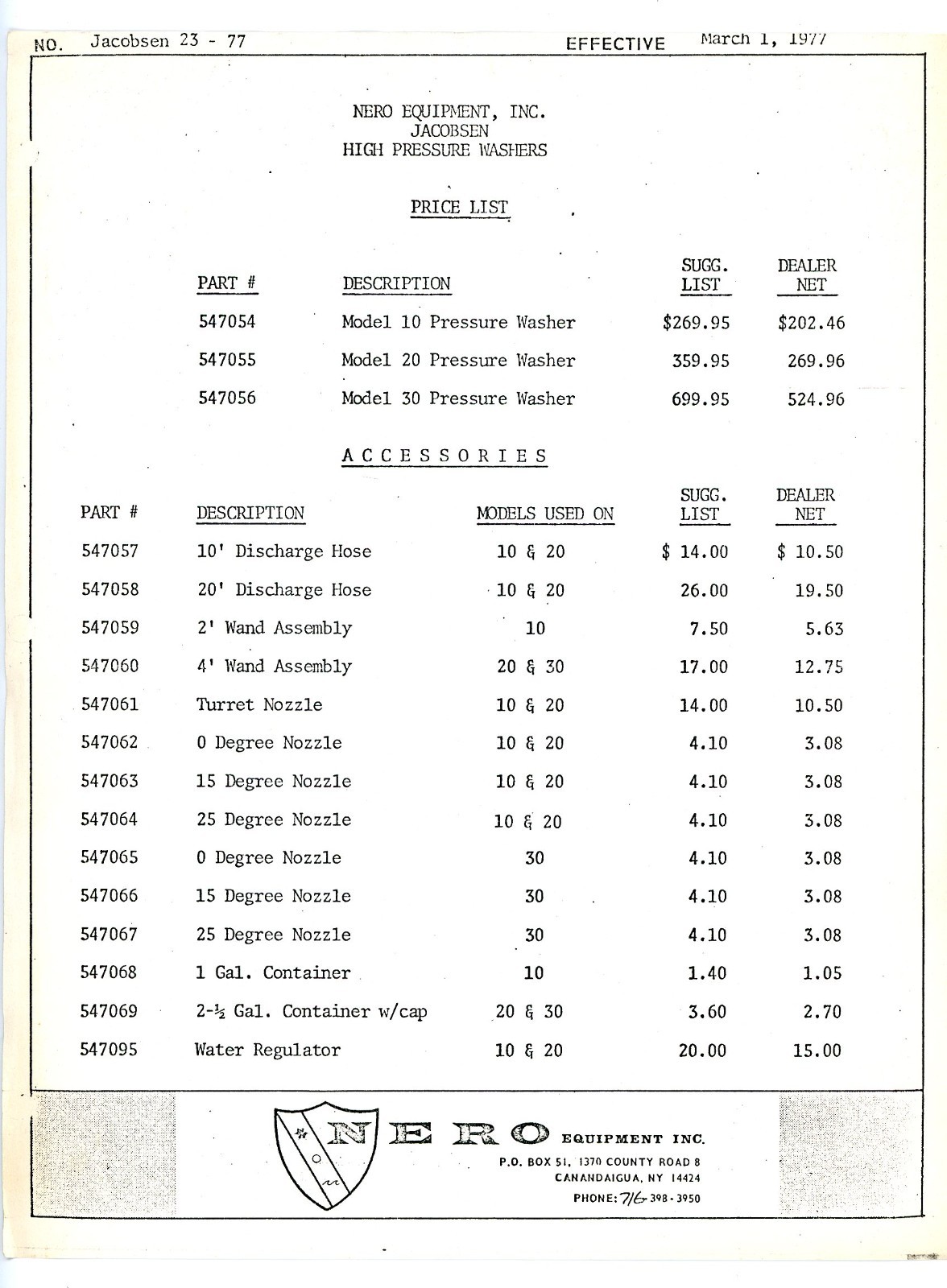 Jacobsen High Pressure Washer brochure w/prices Jacobsen Man&rsquo;f Co Racine Wisc