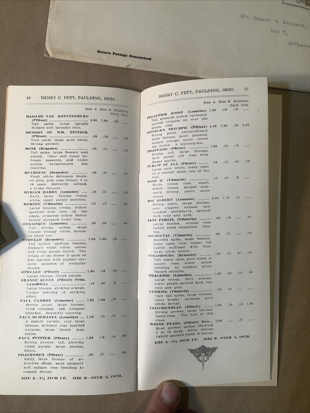1928 Gladiola Pricing List Henry Petty Paulding Ohio INV-P0372