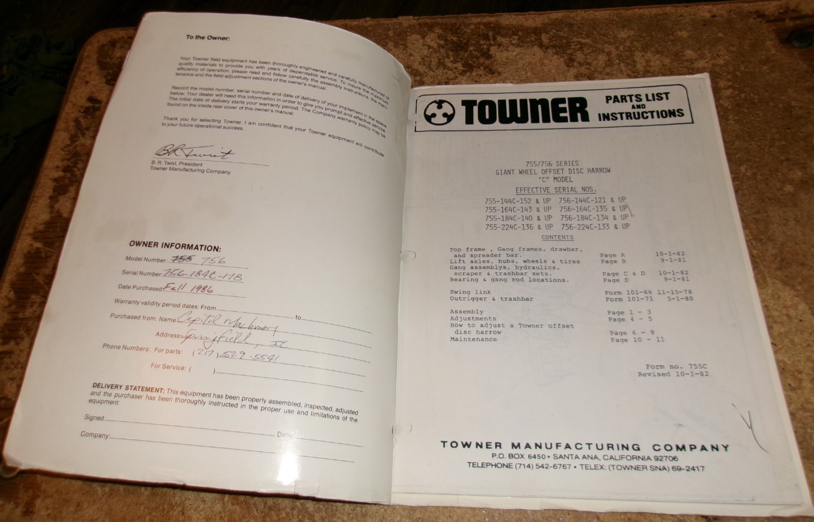 1979 towner offset disc owners, parts + instruction manual in good shape used