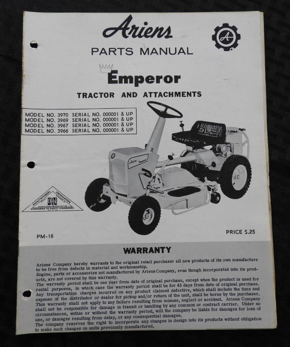 ORIG 1968-1969 ARIENS Emperor 7 Riding Lawn Mower Tractor Parts Operators Manual