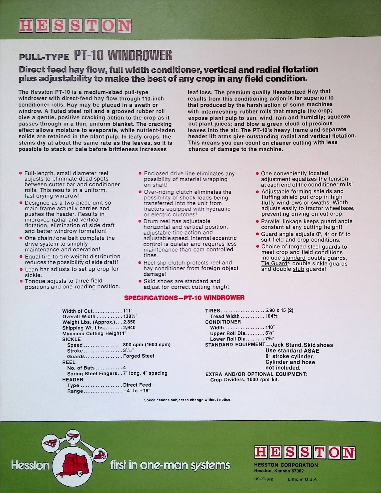 Vintage Farm Advertisement Spec Sheet Hesston PT10 Windrower for Fast Even Curin