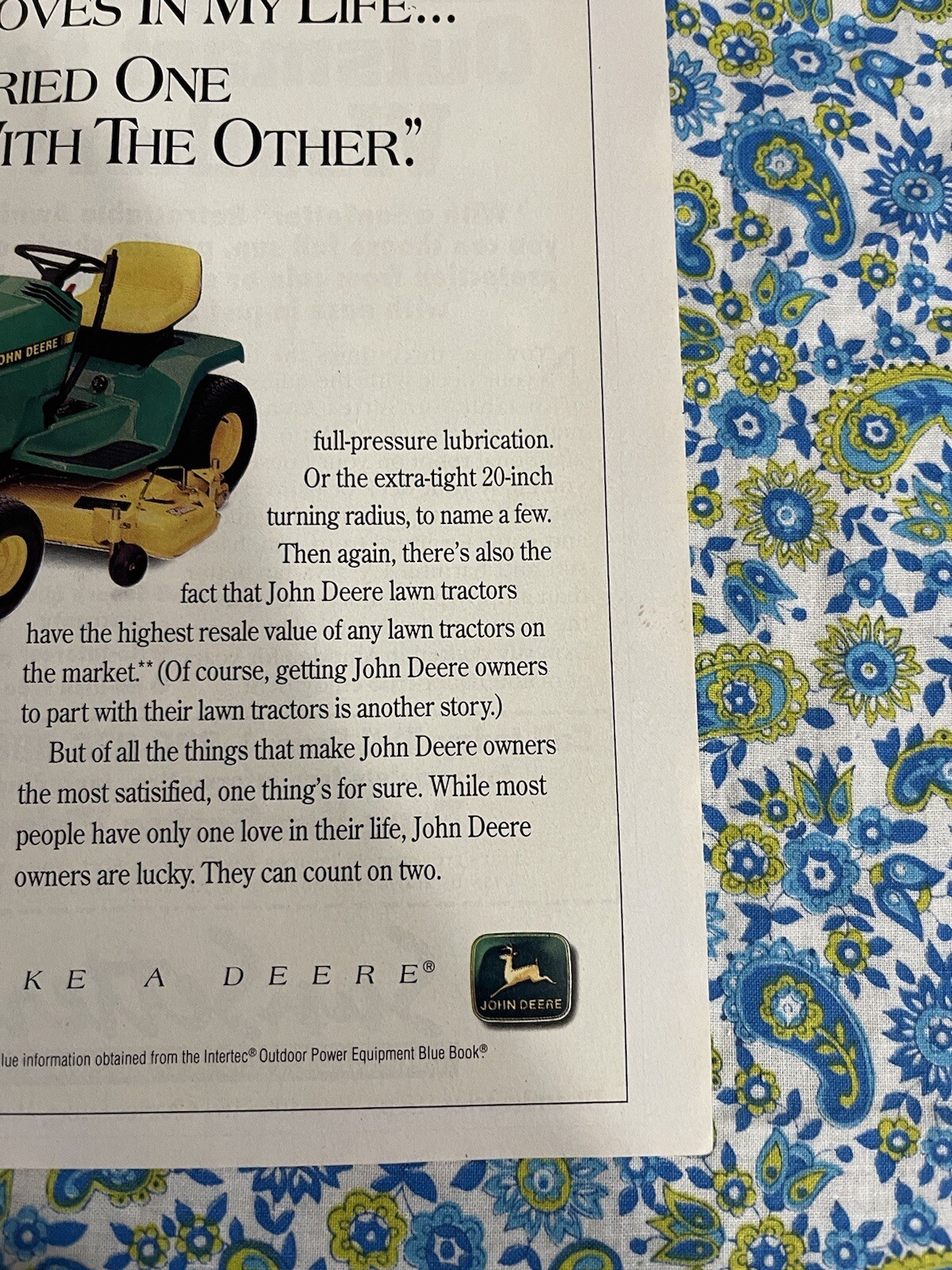 Vintage 90’s John Deere Garden Tractor Print Ad Two Loves In My Life