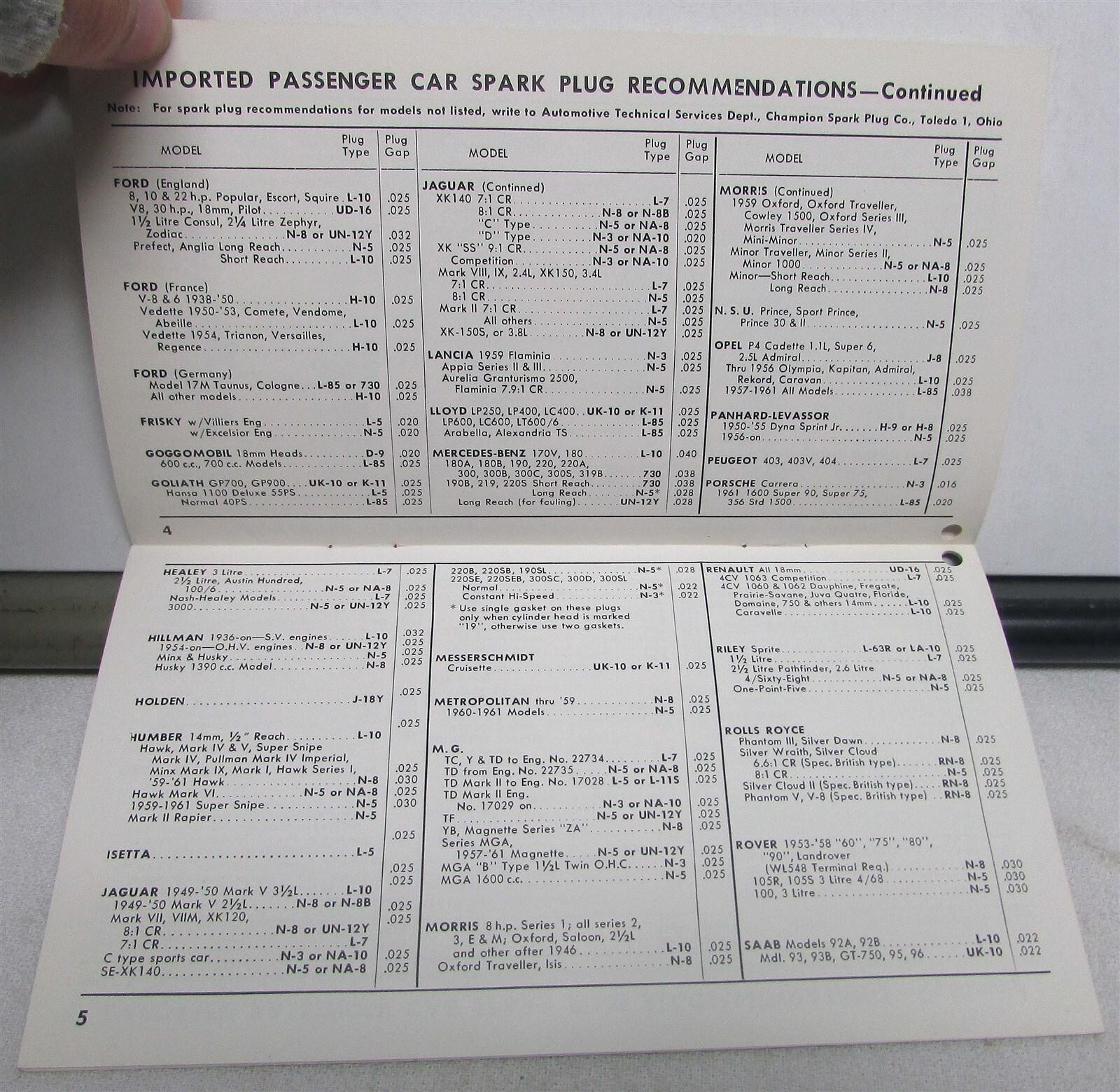 1961 Champion Spark Plugs For Imported Cars Specs Engine Tune-Up Sales Brochure