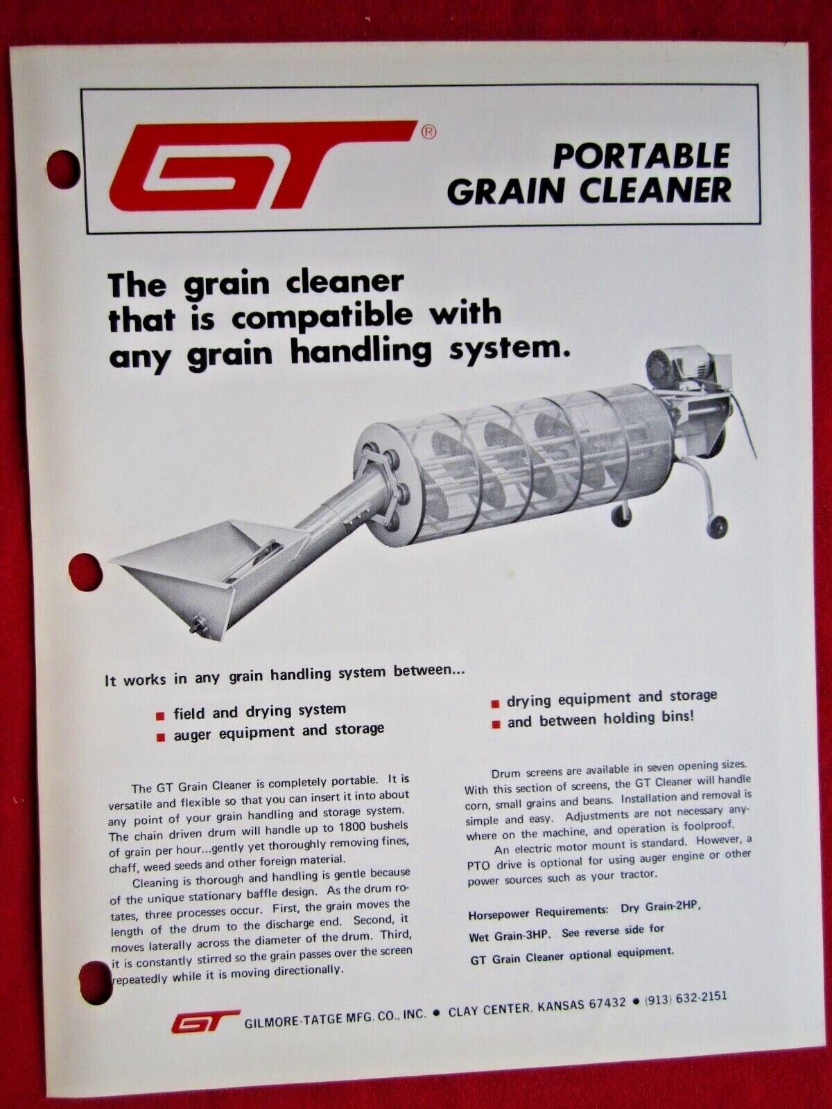 1974 GT GILMORE-TATGE CLAY CENTER KANSAS, GRAIN CLEANER BROCHURE SPEC SHEET