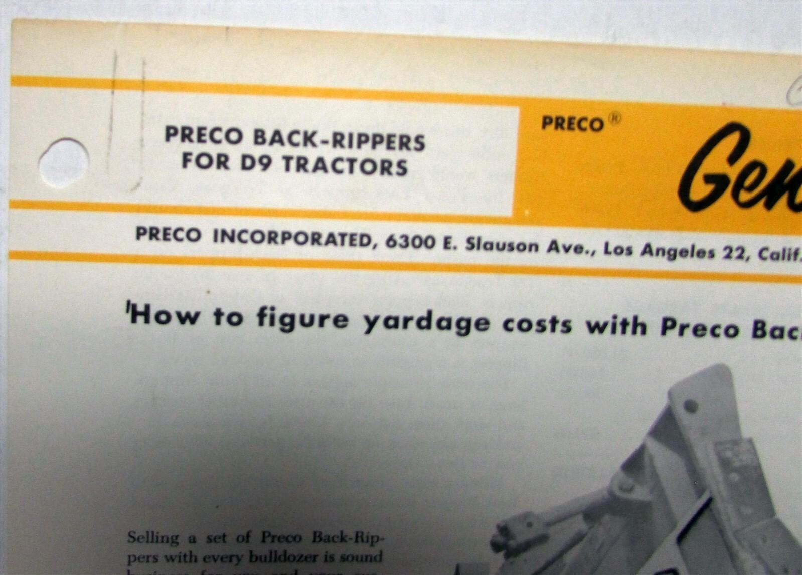 1958 Preco Back Ripper D9 Tractors Construction Sales Sheet