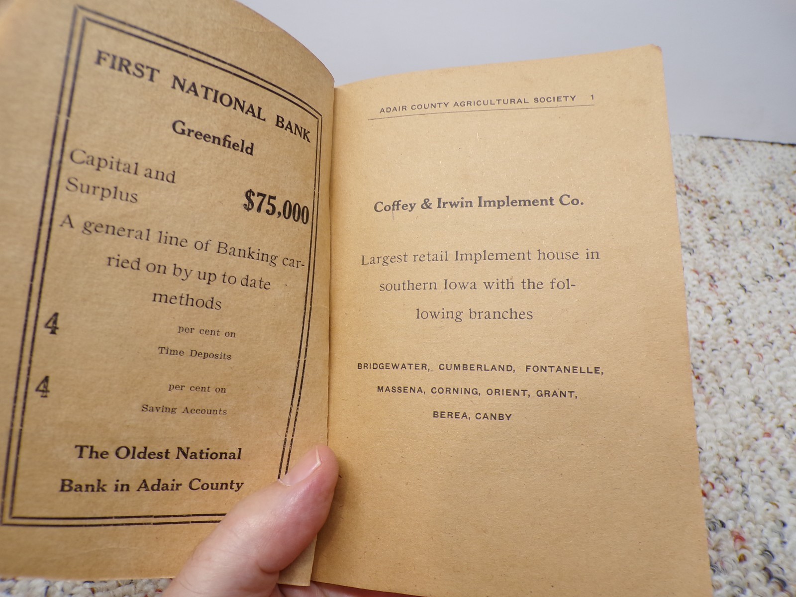 1920 Adair County Ag Society Premium List Book Greenfield Iowa FAMILY INSIDE?