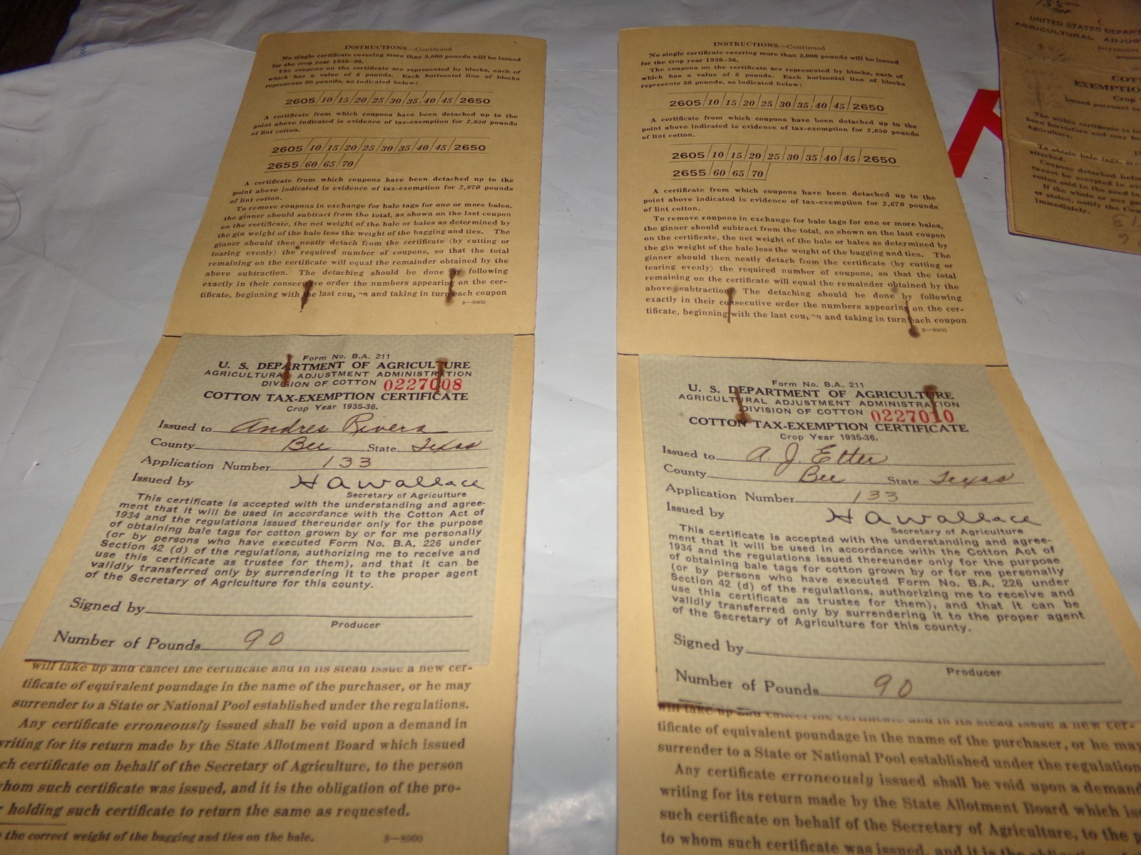 Lot 4 Vintage Agriculture Cotton taxes Exemption Certificates Bee County 1935/36