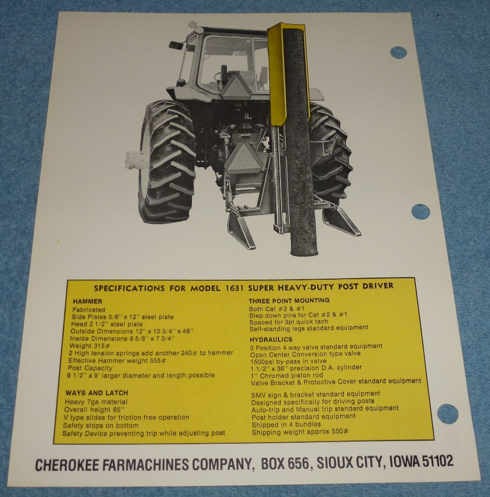 Vintage Cherokee Farmachines Co Super Post Driver 1630 Series Brochure Sheet