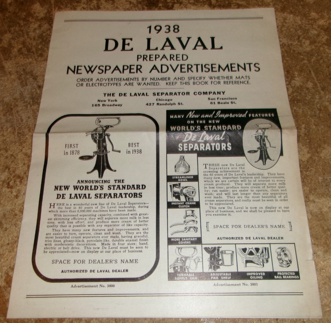 1983 DeLaval reprint 1938 newspaper ads in good shape used