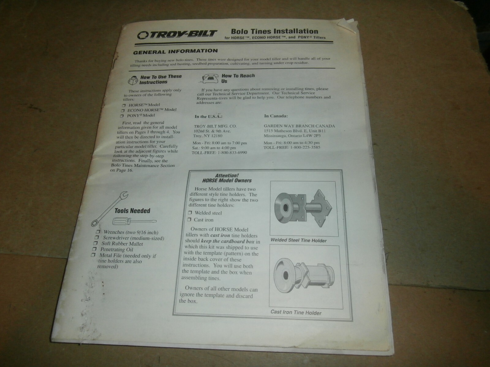 Troy-Bilt Bolo Tines Installation Booklet Hors Econo Horse Pony Tillers