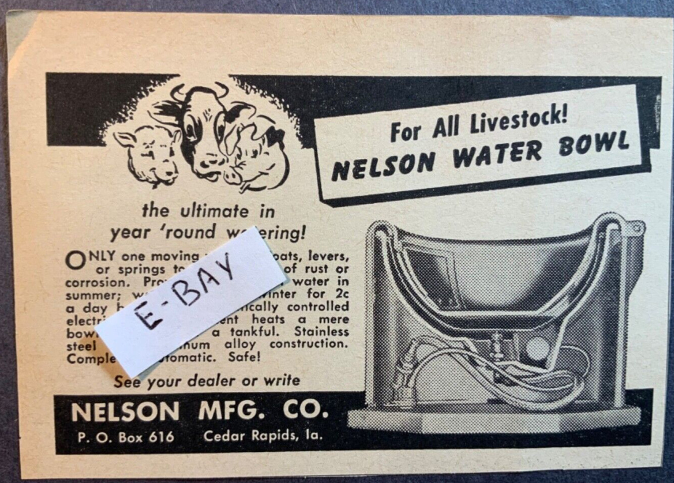 1960 Vintage Ad. Nelson Mfg. Co. Cedar Rapids, Iowa. Nelson water bowl