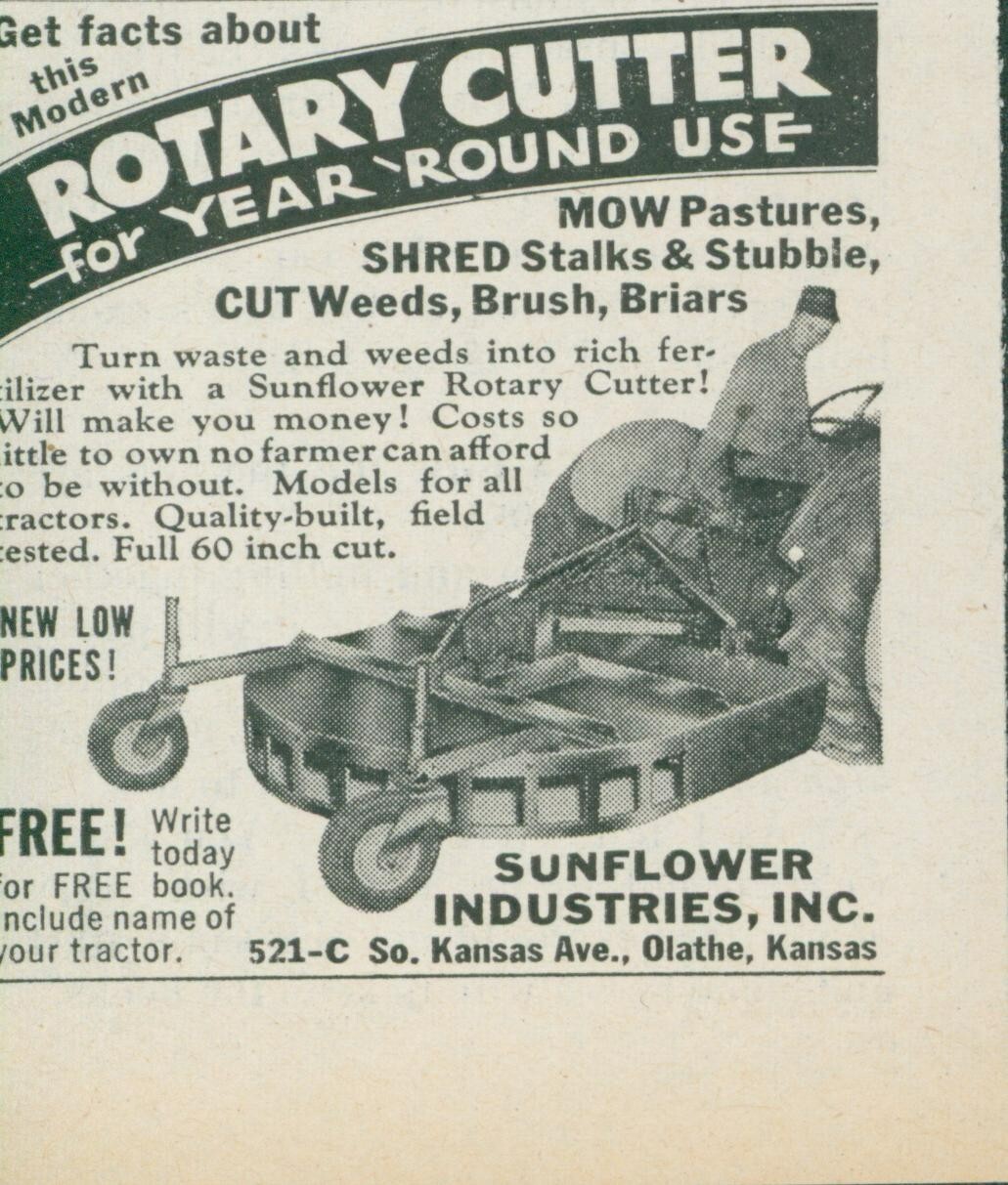 1955 Sunflower Industries Rotary Cutter Pasture Stalks Weed Vintage Print Ad FJ1