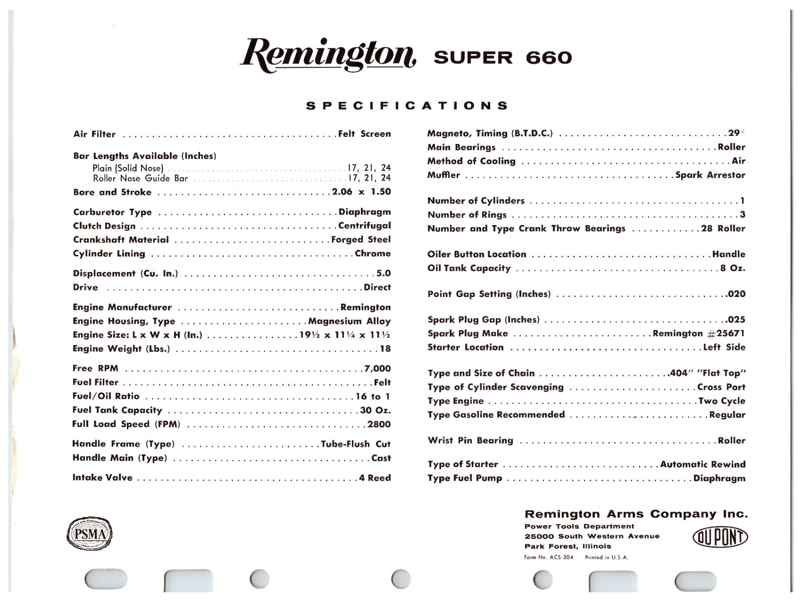 Vintage Original Remington Chainsaws Sales Sheet (Model – Super 660) Info Sheet