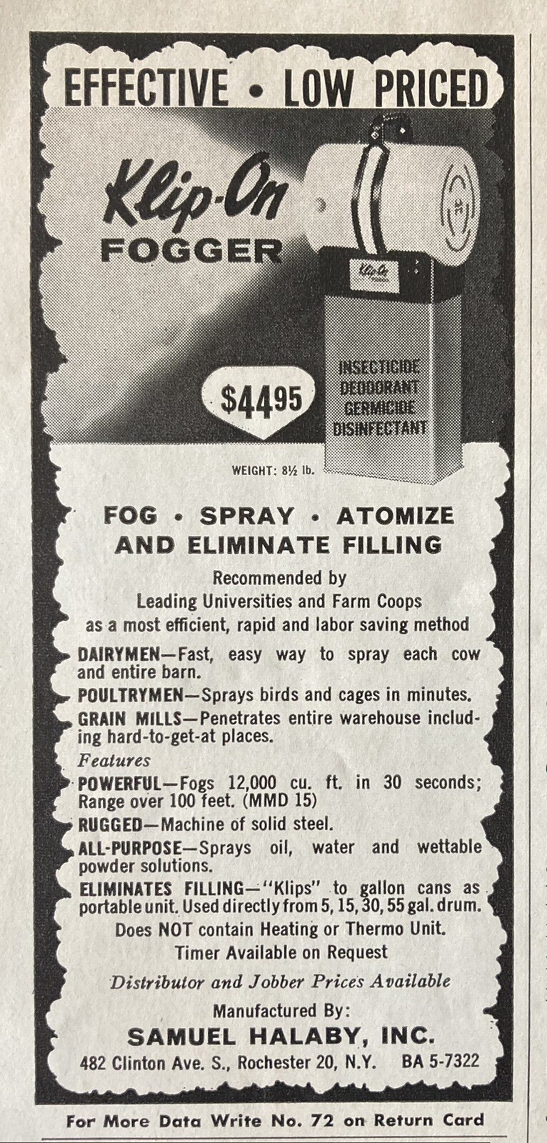 1964 AD.(XH66)~SAMUEL HALABY CO. ROCHESTER, NY. INSECTICIDE GERMICIDE FOGGER