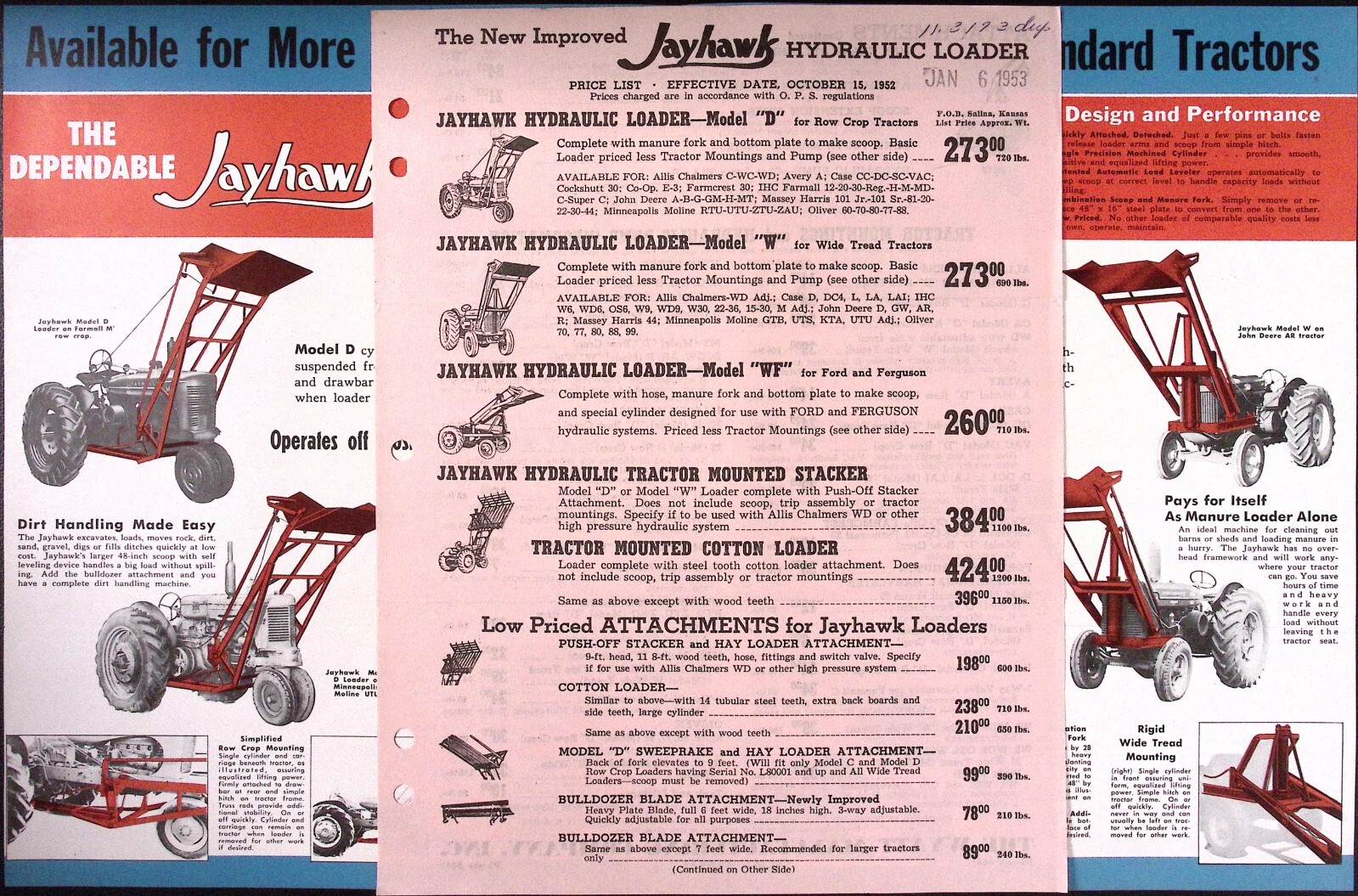 1953 Jayhawk Hydraulic Loader with Bulldozer Sweep Rake Dealer Brochure