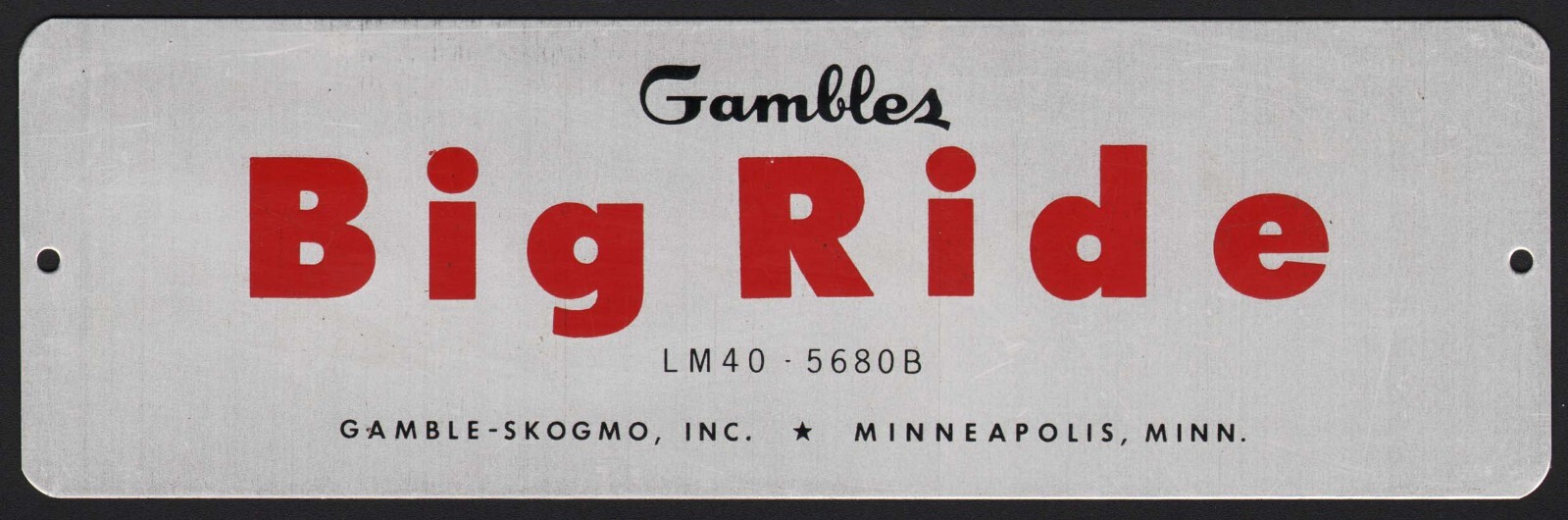 Vintage metal sign GAMBLES BIG RIDE lawnmower Gamble Skogmo Minneapolis unused