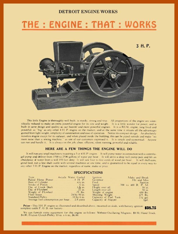 Vintage Look Detroit Engine Works New Metal Sign: 3 HP Gas Engines – Michigan