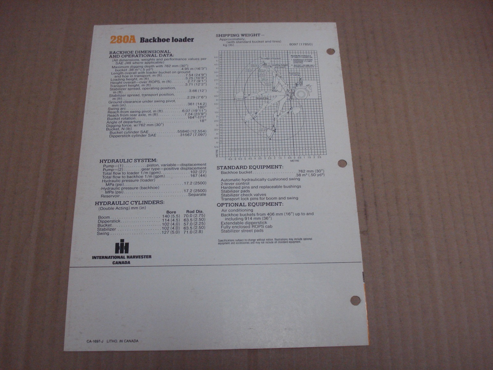 International 280A Backhoe Loader Specifications Brochure