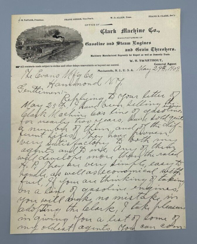 1909 CLARK Thresher STEAM ENGINE Railroad Farm Advertising Letterhead Antique