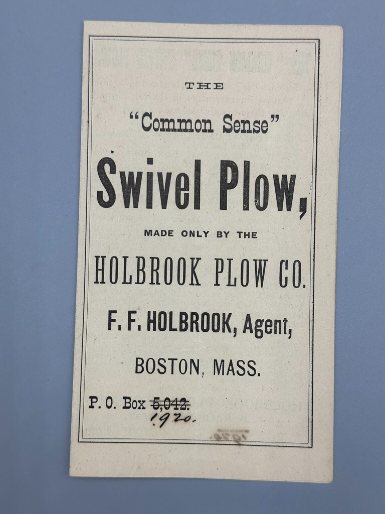 c 1900 F F HOLBROOK PLOW Common Sense Swivel Plow FARM Advertise BOSTON Brochure