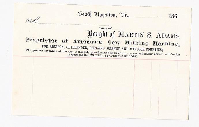 1860&rsquo;s ADV Invoice Martin Adams American Cow Milking Machine South Royalton VT