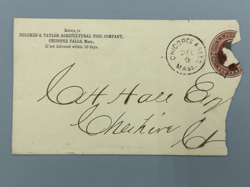 1885 BELCHER TAYLOR Agricultural FARM POSTAL COVER Advertising CHICOPEE FALLS MA