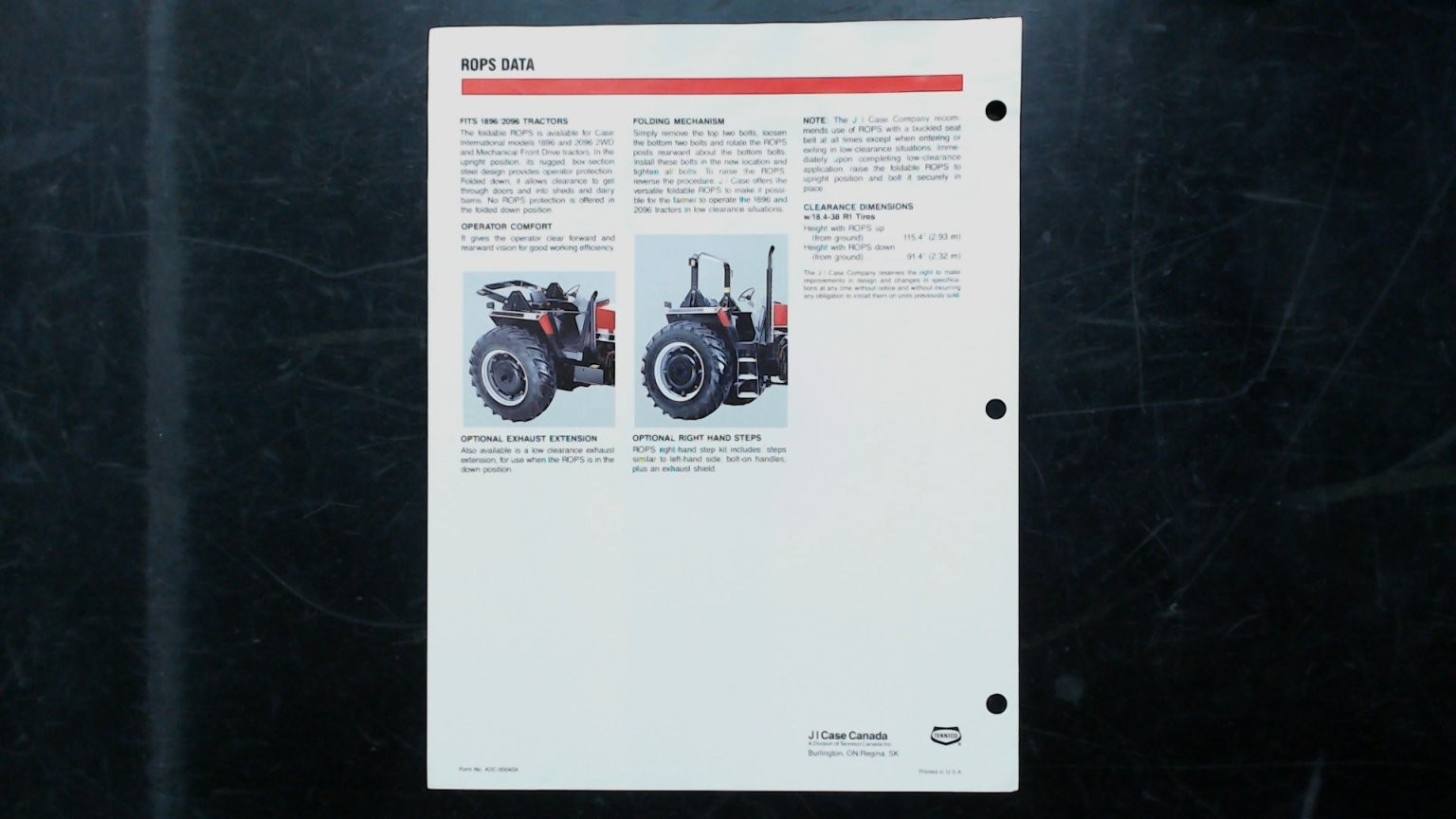 Case IH Foldable Tractor ROPS Brochure Models 1896 2096 Agriculture