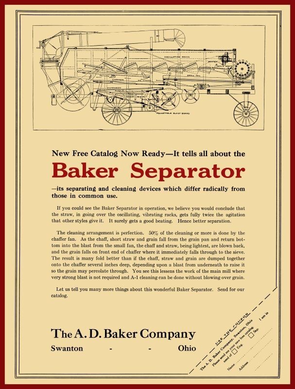 1920 A.D. Baker of Swanton OhiO NEW Metal Sign: Baker Separator Sideview Cutaway