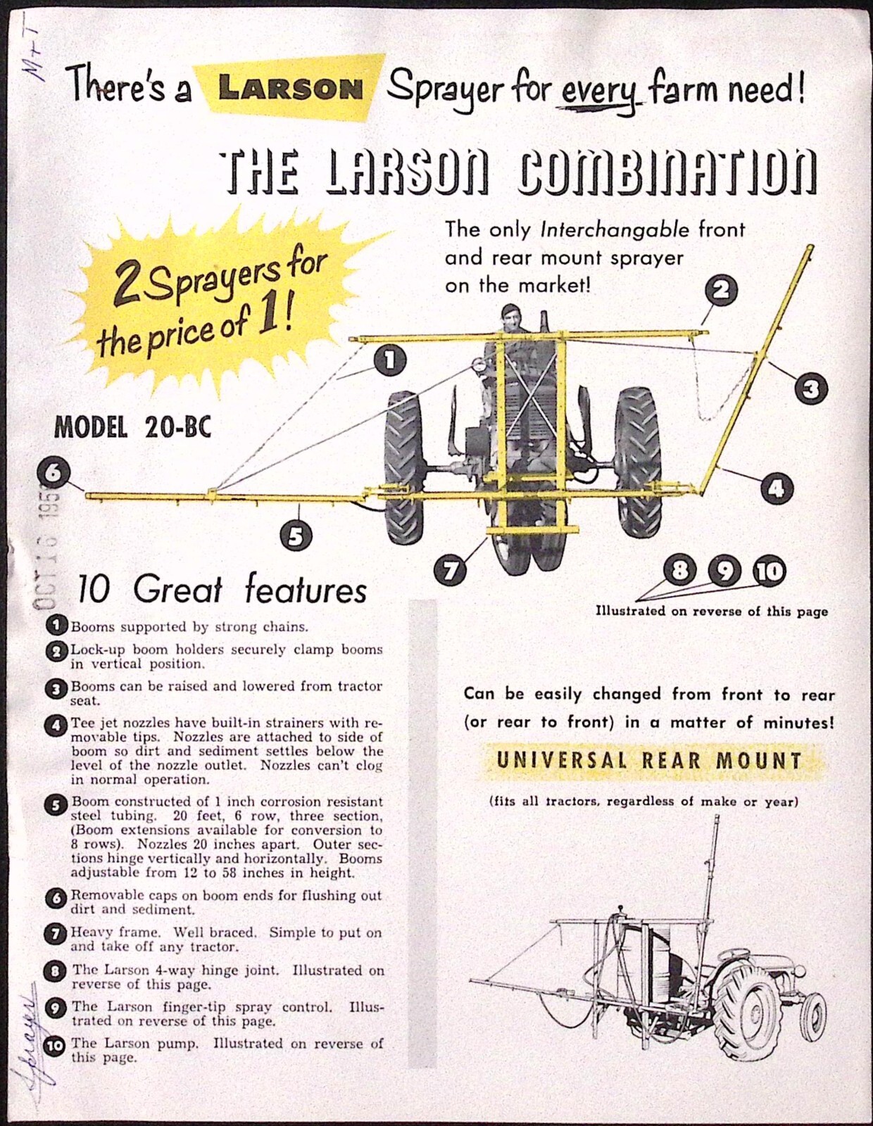 1959 Larson Combination Universal Rear Mount Sprayer Model 20-BC Brochure