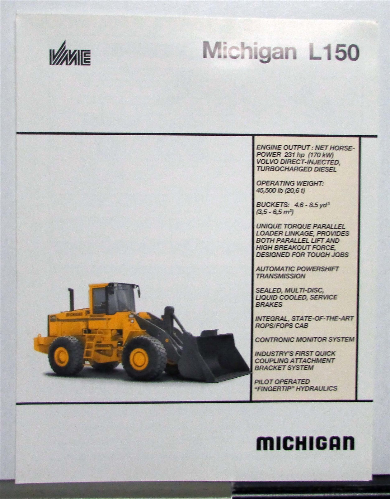 1992 Michigan L150 Loader Specification Construction Sales Brochure