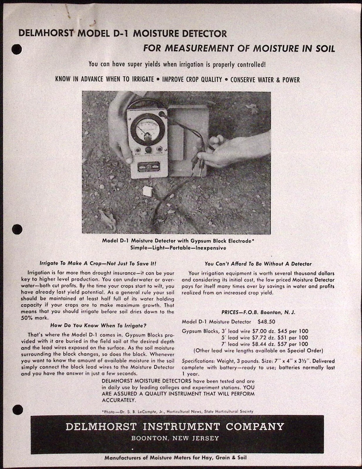 1958 Delmhorst Instrument Co Boonton NJ Moisture Detector Dealer Sales Brochure