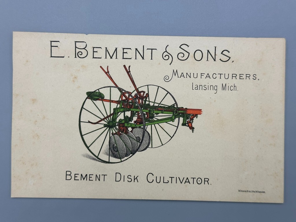 1880s E BEMENT Cultivator LANSING Michigan FARM Victorian Advertising Trade Card